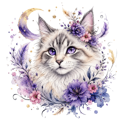 Watercolor-style graphic of a fluffy cat with large purple eyes, surrounded by purple and pink flowers, feathers, leaves, and a gold crescent moon on a white background.