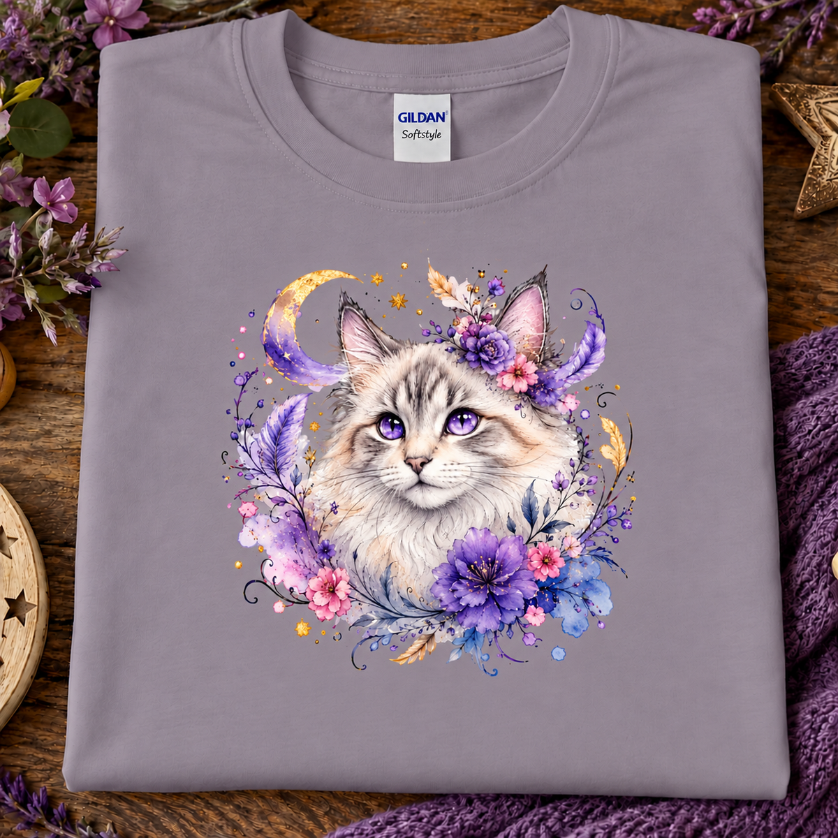 A paragon purple t-shirt with a silver tabby cat wrapped in colorful flowers graphic.