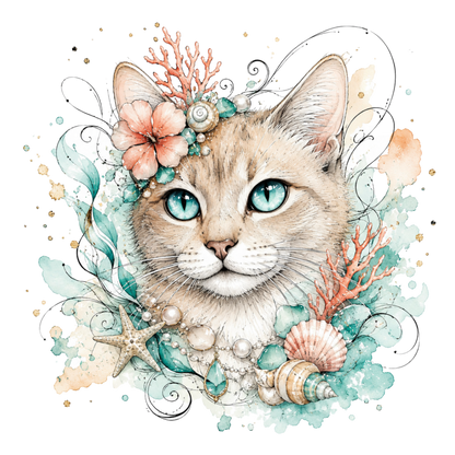 A stylized watercolor illustration of a cat's face surrounded by coral, shells, pearls, flowers, and teal watercolor splashes on a white background.