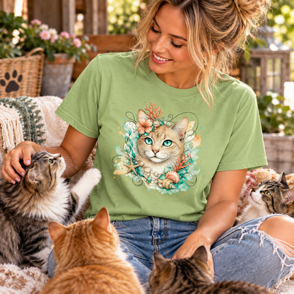 a woman wearing a pistachio colored t-shirt with a tan tabby cat surrounded by seashells while petting cats