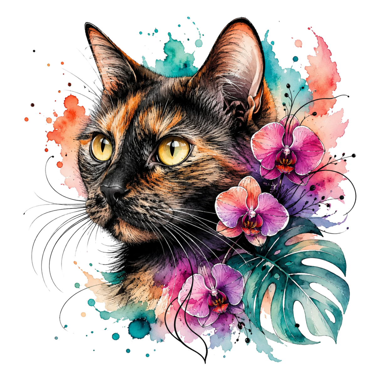 Watercolor-style graphic design of a calico cat head surrounded by pink orchids, green monstera leaves, and colorful paint splashes on a white background.