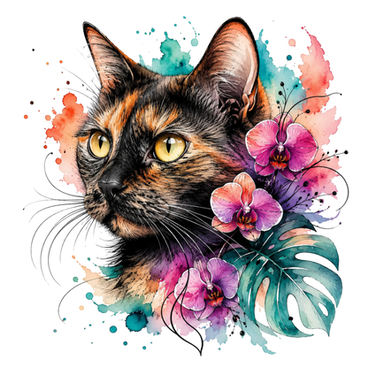 Watercolor-style graphic design of a calico cat head surrounded by pink orchids, green monstera leaves, and colorful paint splashes on a white background.