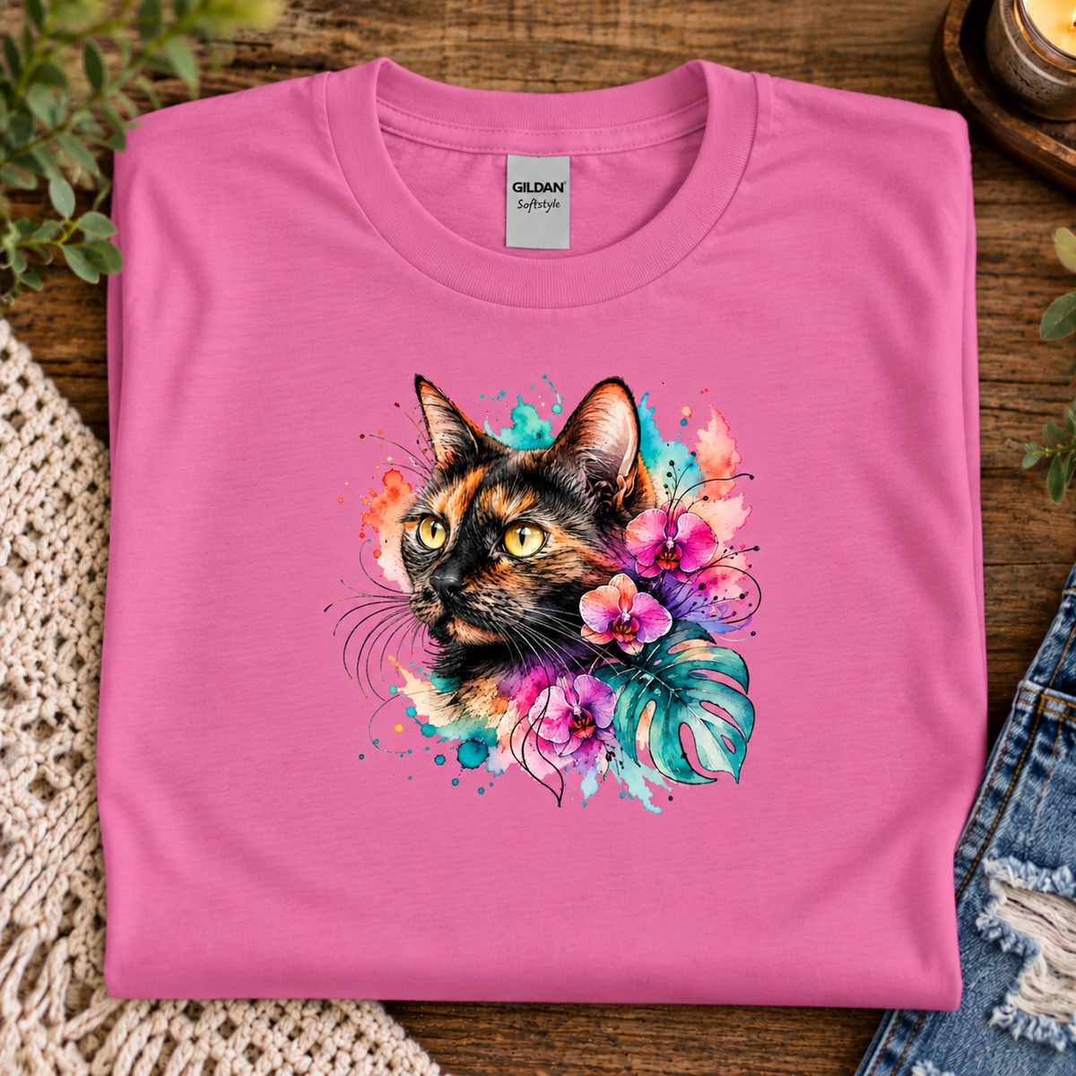 An azalea pink t-shirt with a watercolor-style graphic design of a calico cat head surrounded by pink orchids, green monstera leaves, and colorful paint splashes on a white background.
