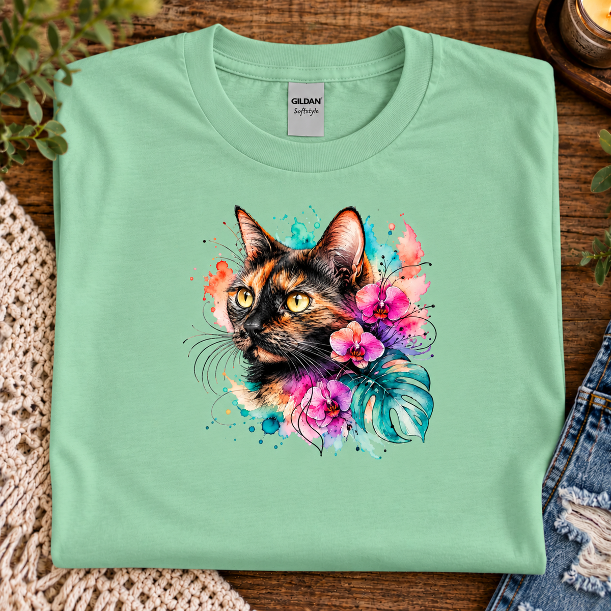 A mint green t-shirt with a watercolor-style graphic design of a calico cat head surrounded by pink orchids, green monstera leaves, and colorful paint splashes on a white background.