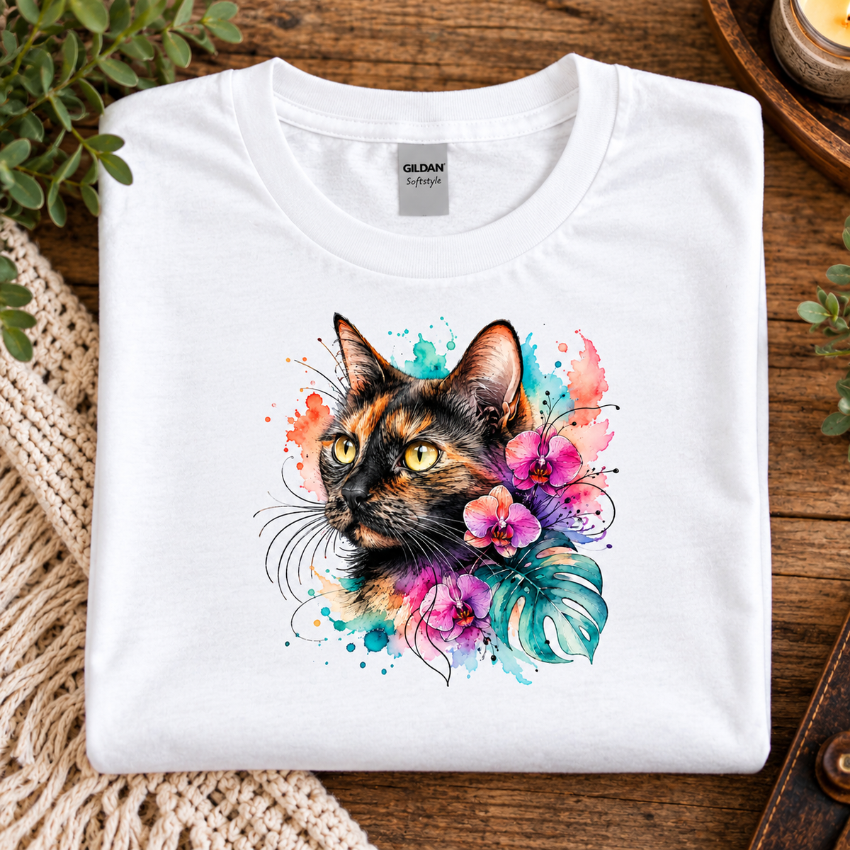 A white t-shirt with a watercolor-style graphic design of a calico cat head surrounded by pink orchids, green monstera leaves, and colorful paint splashes on a white background.