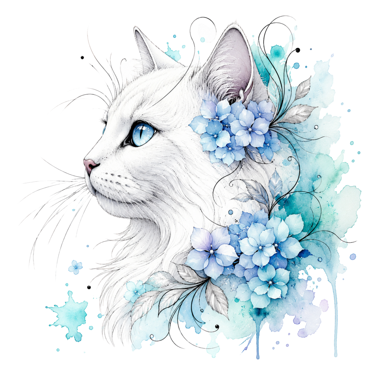 Watercolor-style illustration of a white cat in profile with blue eyes, surrounded by blue and teal flowers and watercolor splashes on a white background.
