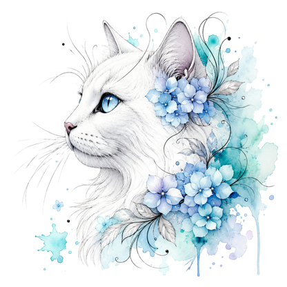 Watercolor-style illustration of a white cat in profile with blue eyes, surrounded by blue and teal flowers and watercolor splashes on a white background.