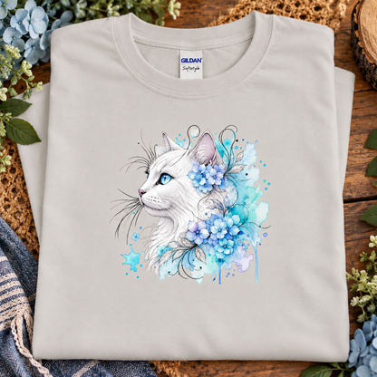 A ice grey colored T-Shirt with a white cat surrounded by flowers