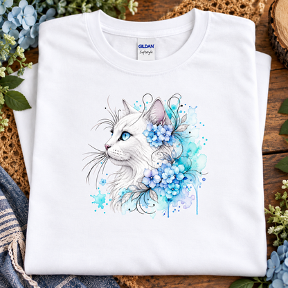A white T-Shirt with a white cat surrounded by flowers