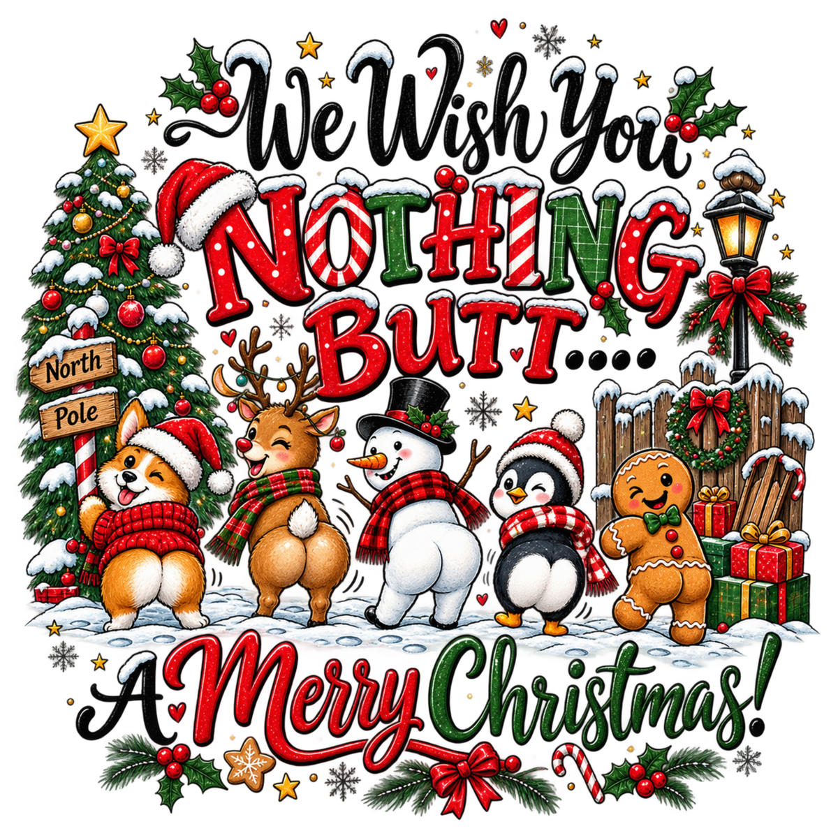 A festive Christmas graphic with the text 'We Wish You NOTHING Butt.