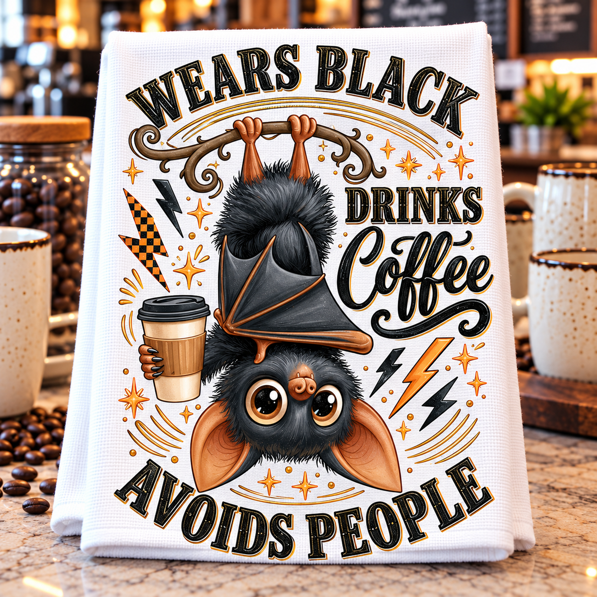 A white kitchen towel with a whimsical bat illustration and the text 'WEARS BLACK DRINKS Coffee AVOIDS PEOPLE' is displayed on a kitchen counter.