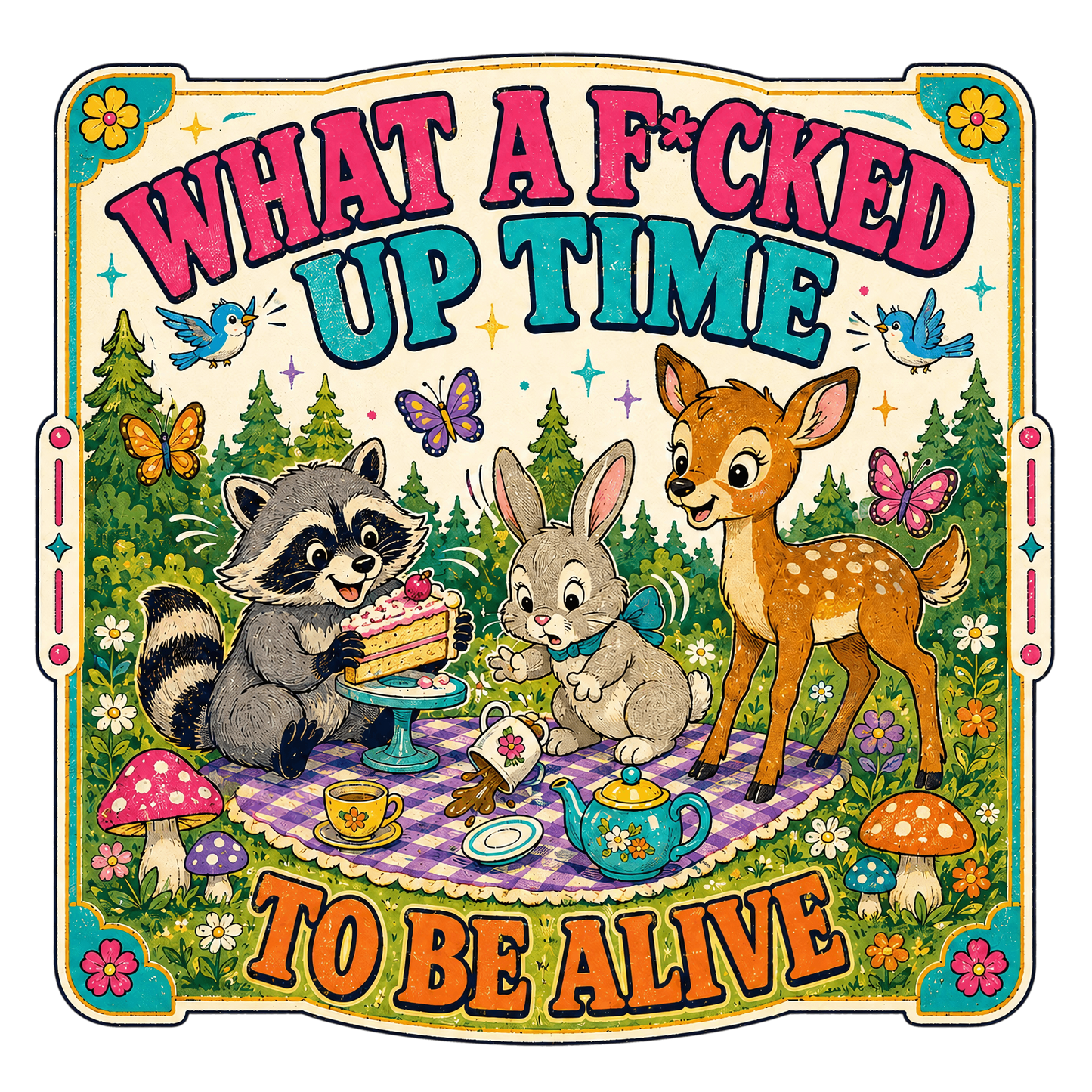 A square graphic design with the text 'WHAT A F*CKED UP TIME TO BE ALIVE' in large pink and orange lettering. The center shows a colorful woodland picnic scene with a raccoon, rabbit, deer, flowers, butterflies, birds, and mushrooms on a purple plaid blanket.