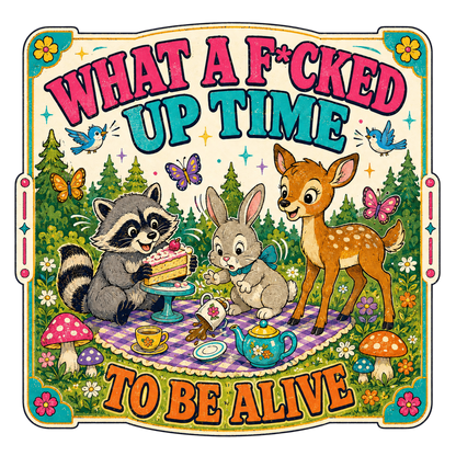 A square graphic design with the text 'WHAT A F*CKED UP TIME TO BE ALIVE' in large pink and orange lettering. The center shows a colorful woodland picnic scene with a raccoon, rabbit, deer, flowers, butterflies, birds, and mushrooms on a purple plaid blanket.