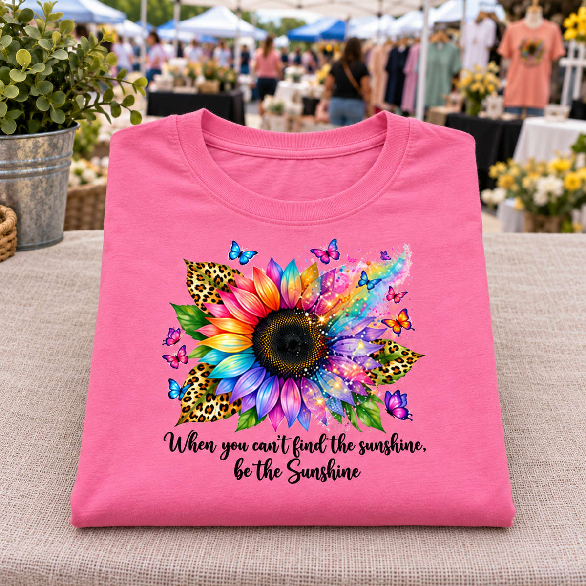 A folded azalea pink T-shirt displayed on a table at an outdoor market. The shirt features a colorful sunflower graphic with butterflies, leopard print accents, and the text 'When you can't find the sunshine, be the Sunshine'.