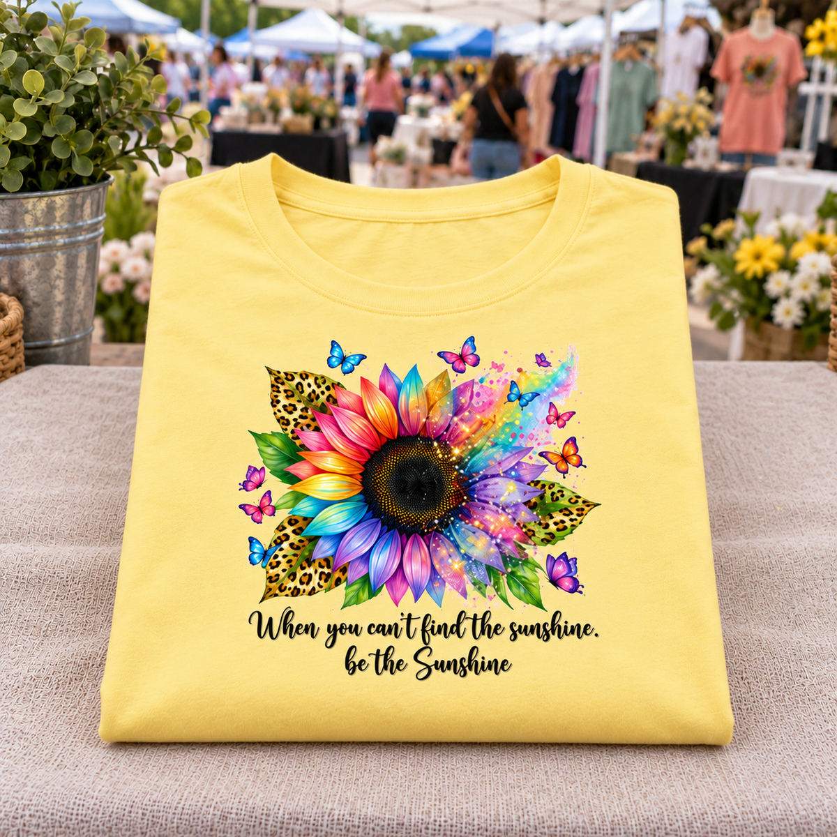 A folded yellow t-shirt displayed on a beige fabric surface, featuring a colorful sunflower, butterflies, leopard print details, and the text 'When you can't find the sunshine, be the Sunshine' in black script. The background shows a blurred outdoor market scene with people and plants.