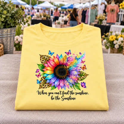 A folded yellow t-shirt displayed on a beige fabric surface, featuring a colorful sunflower, butterflies, leopard print details, and the text 'When you can't find the sunshine, be the Sunshine' in black script. The background shows a blurred outdoor market scene with people and plants.