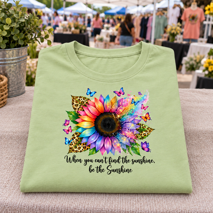 A folded pistahcio green t-shirt is displayed on a beige table runner at an outdoor market. The shirt features a colorful graphic of a sunflower with butterflies, leopard print accents, and the text 'When you can't find the sunshine, be the Sunshine'.