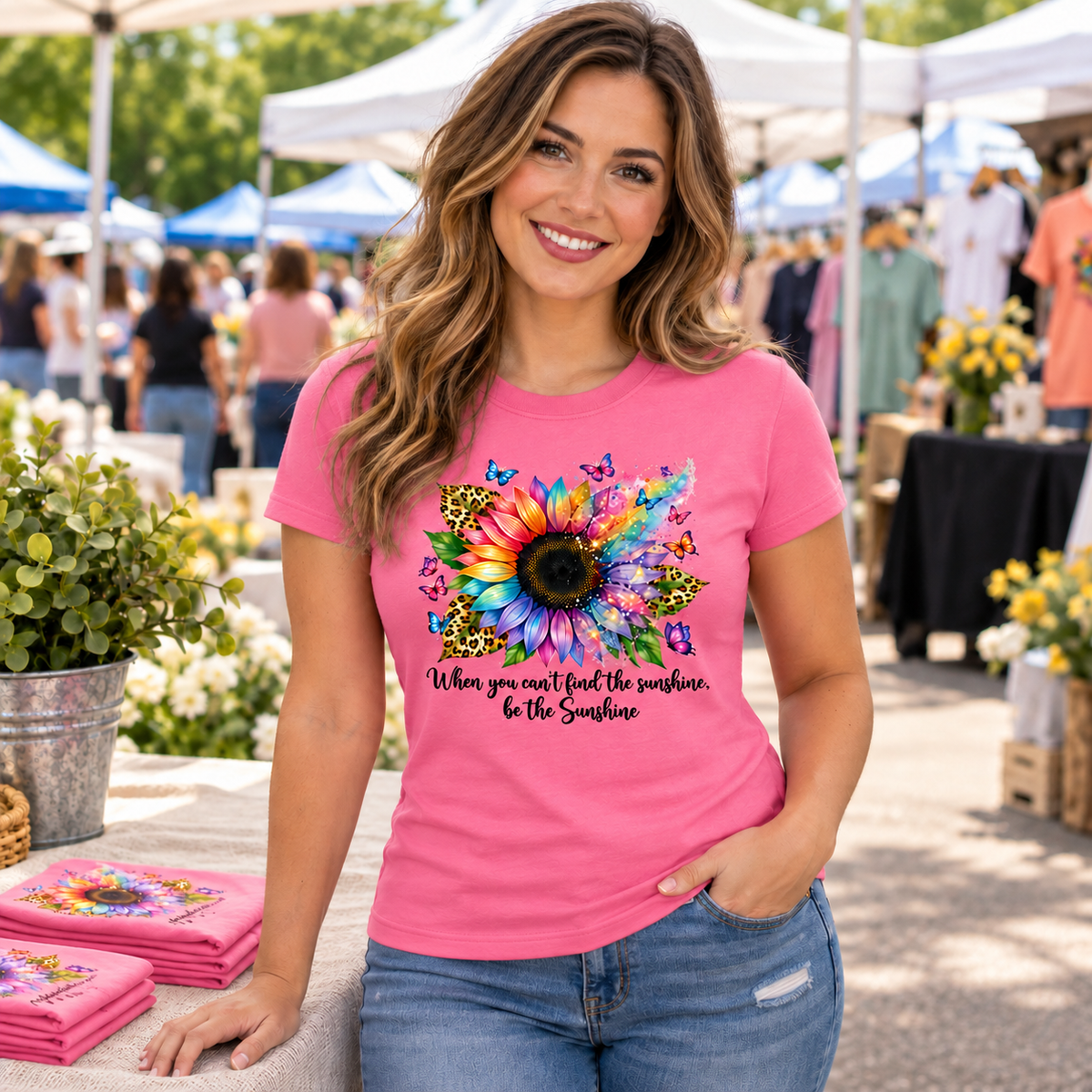 A smiling woman wearing a bright pink graphic T-shirt with a colorful sunflower, butterflies, leopard print, and the text 'When you can't find the sunshine, In the sunshine' stands at an outdoor market. The background shows market tents, people, and plants.