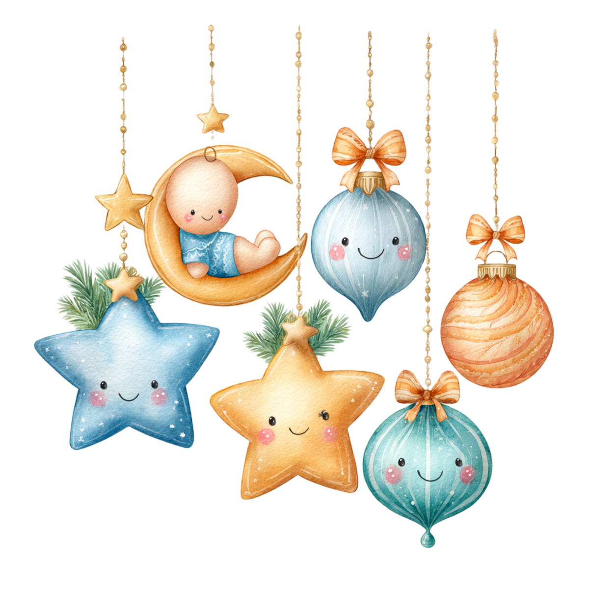 watercolor-style Christmas ornaments hanging from gold chains graphic apparel design