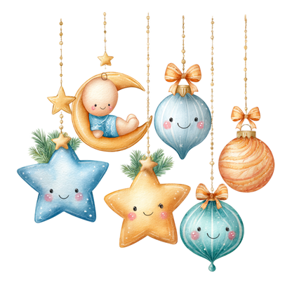 watercolor-style Christmas ornaments hanging from gold chains graphic apparel design