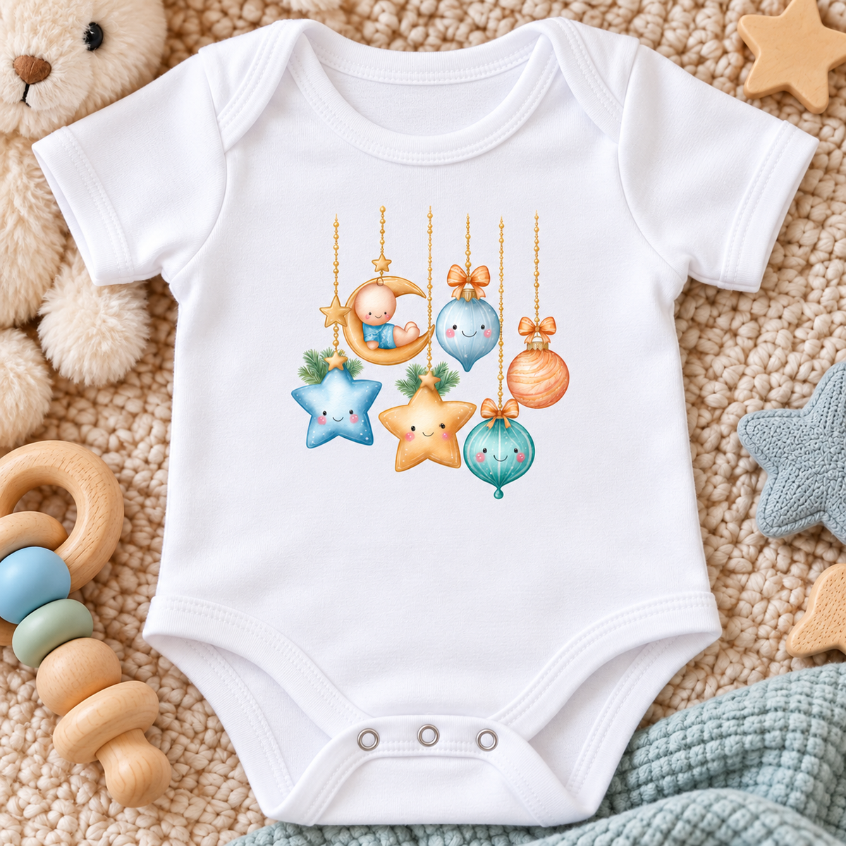 A white short-sleeve baby bodysuit laid flat on a beige textured blanket, surrounded by soft baby toys. The bodysuit has a colorful printed graphic of cute hanging ornaments, including a crescent moon with a sleeping baby, stars, and baubles.