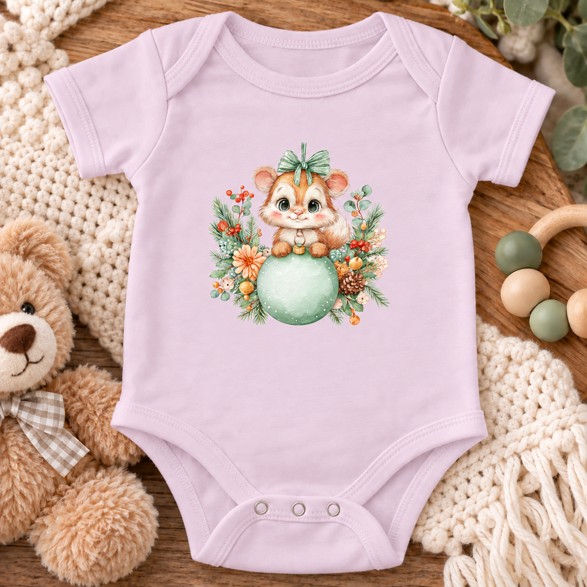 A ballerinapink baby bodysuit laid flat on a wooden surface, featuring a cute cartoon chipmunk sitting on a mint green ball surrounded by autumn leaves and pinecones. The bodysuit is styled with a plush teddy bear, a cream knit blanket, and a wooden teething toy.
