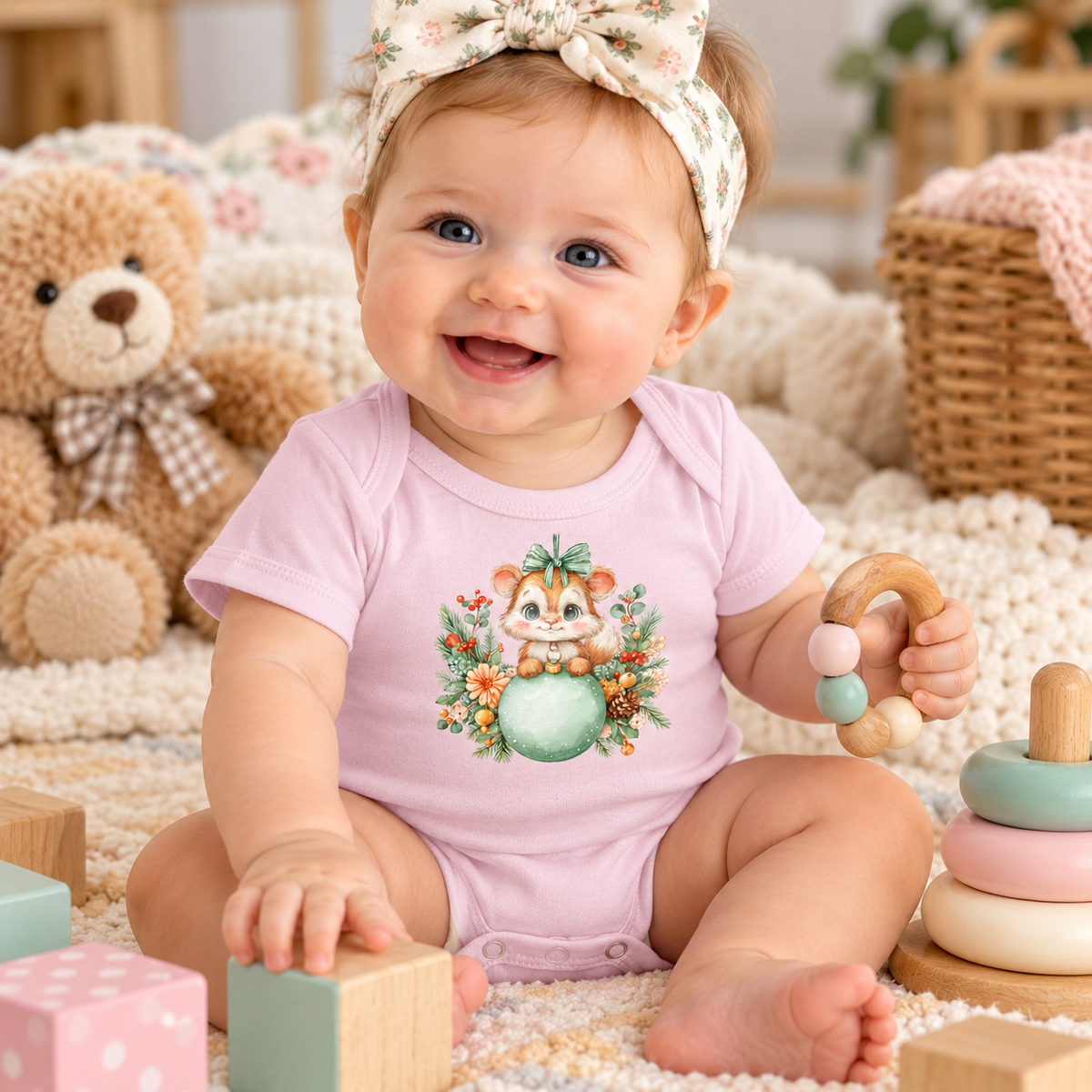 A baby wearing a light pink short-sleeve bodysuit with a cute cartoon squirrel graphic, sitting on a soft blanket with toys and a teddy bear in the background.