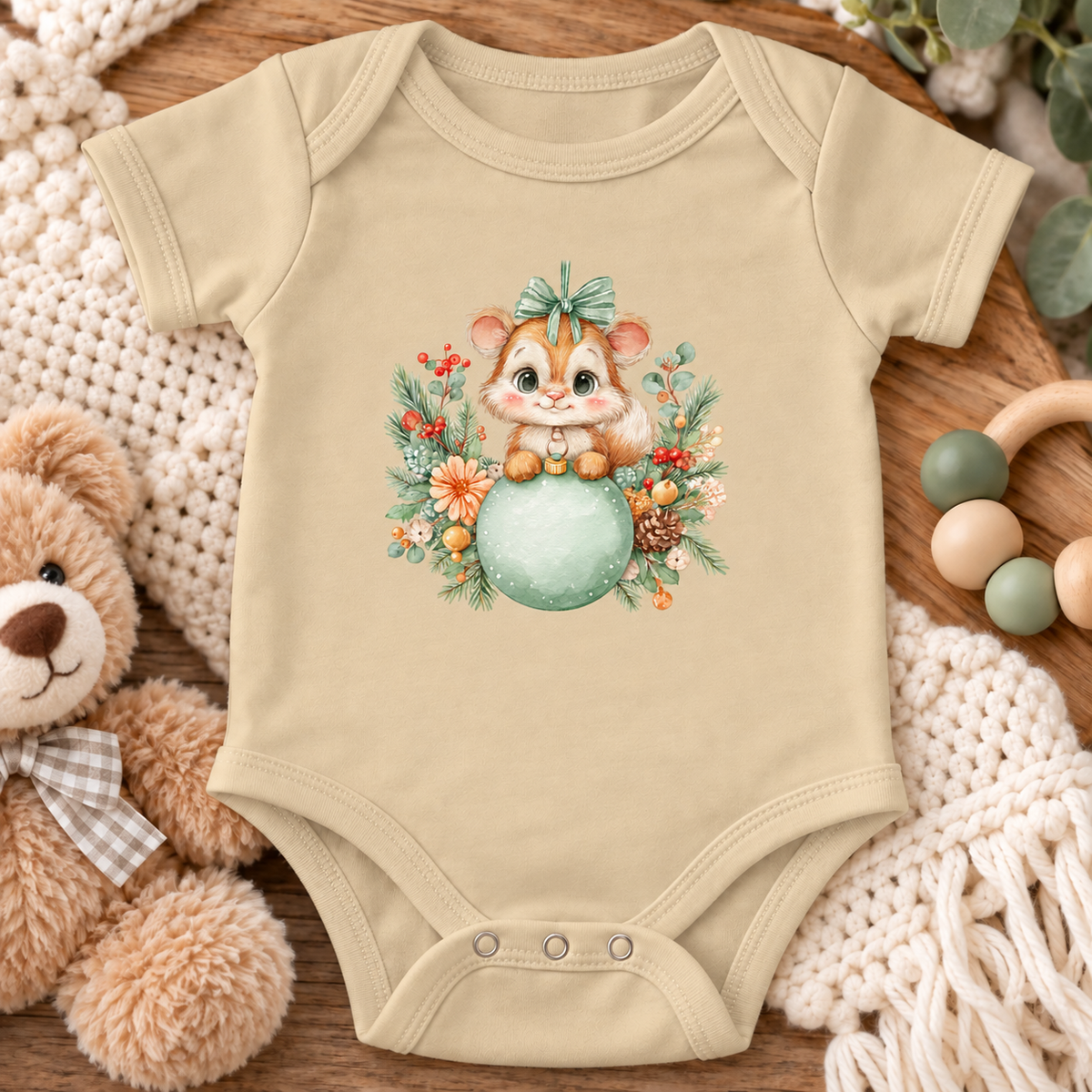 A latte short-sleeve baby bodysuit laid flat on a wooden surface, featuring a cute cartoon chipmunk sitting on a mint green ornament surrounded by flowers. The bodysuit is styled with a plush teddy bear, a cream knit blanket, and wooden baby toys.