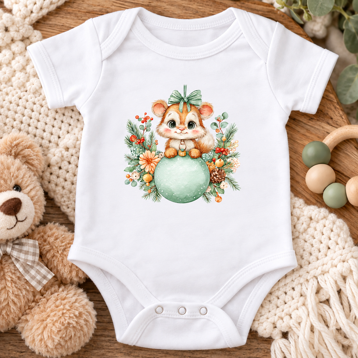 A white short-sleeve baby bodysuit featuring a watercolor-style illustration of a small brown animal character sitting on a mint green ornament, surrounded by greenery and orange flowers.