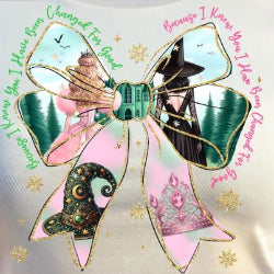 Youth Wicked Coquette Bow t-shirt in pink and black with a coquette-style bow inspired by Wicked.