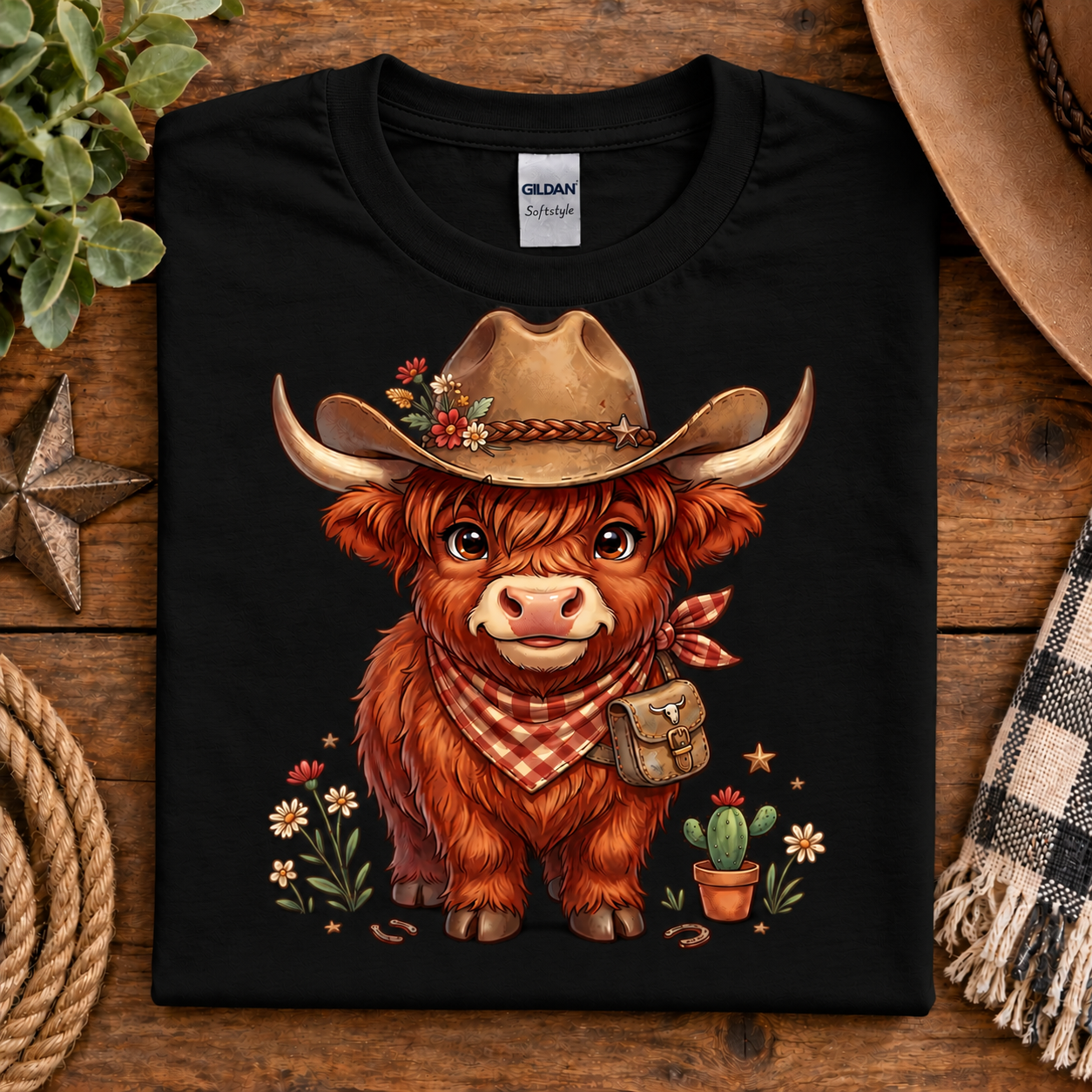 A black Gildan Softstyle t-shirt laid flat on a rustic wooden surface, featuring a graphic of a cute Highland cow in a cowboy hat and bandana. The shirt is styled with western props including a straw hat, rope, a star, and a plaid scarf.