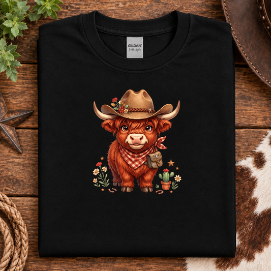 A black Gildan Softstyle t-shirt featuring a cartoon illustration of a cute brown Scottish Highland cow in a cowboy hat and bandana, displayed on a rustic wooden table with western-themed props.