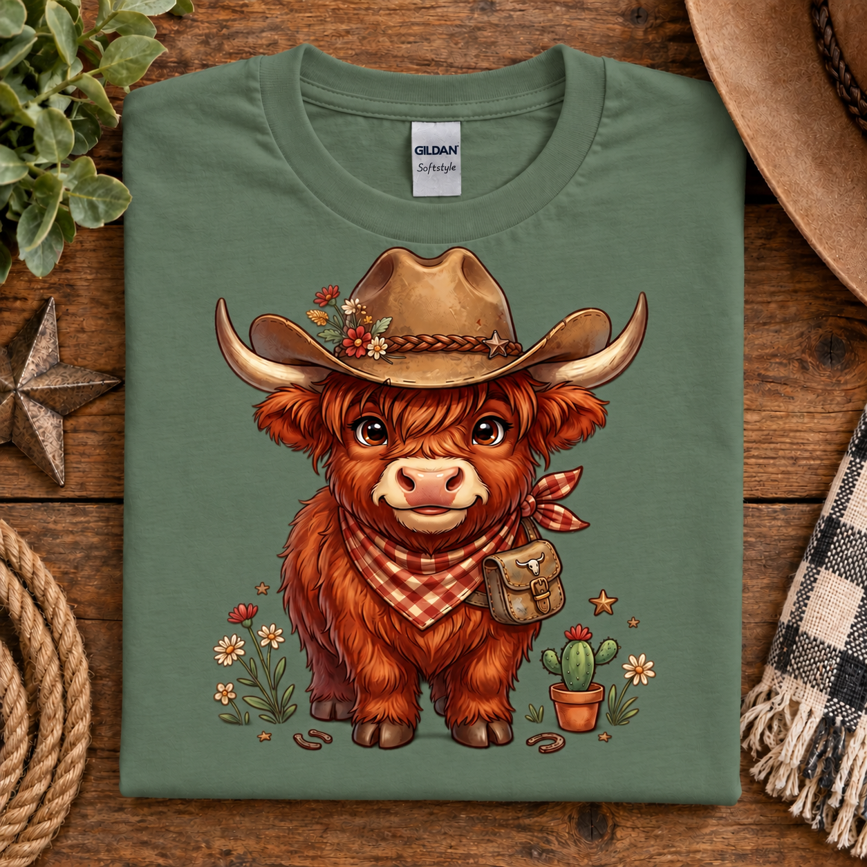 A folded military green Gildan Softstyle t-shirt featuring a cartoon illustration of a fluffy Highland cow in a cowboy hat and bandana, styled on a rustic wooden background with a hat, scarf, rope, and plant.
