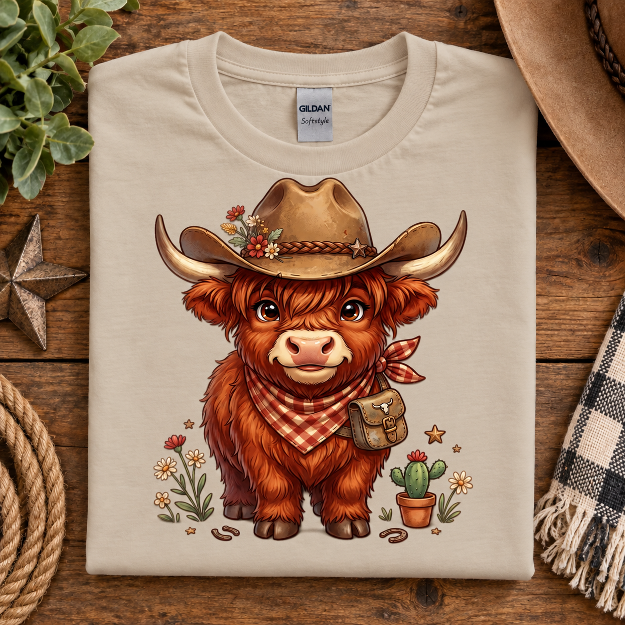 A folded sand colored Gildan t-shirt with a cartoon Highland cow graphic, displayed on a rustic wooden table with a hat, rope, and plants.