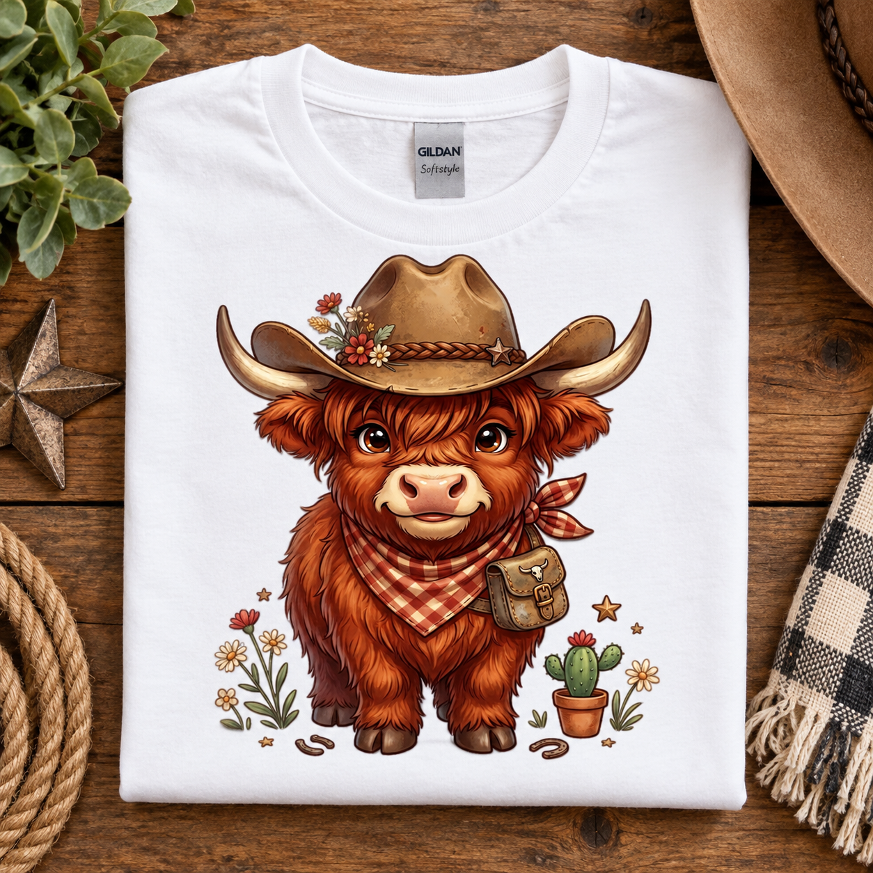 A white Gildan Softstyle t-shirt laid flat on a rustic wooden surface, featuring a cartoon illustration of a shaggy brown Highland cow wearing a tan cowboy hat with flowers, a red-and-white checkered bandana, and a brown holster, surrounded by small flowers, a cactus, and stars.