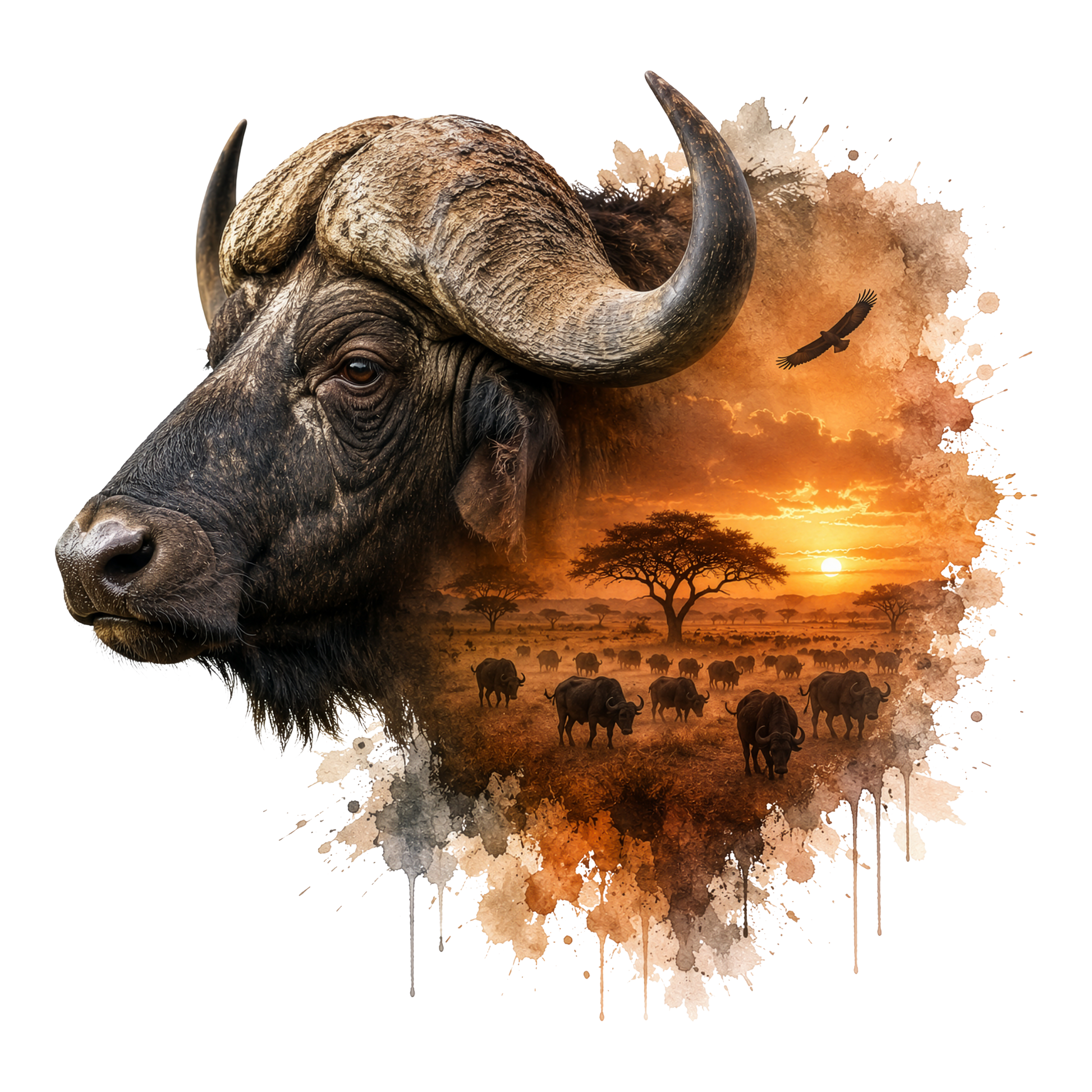 A stylized watercolor and ink illustration of an African buffalo head in profile, blending into a savanna sunset scene with acacia trees, a herd of buffalo, and a bird, all on a white background.