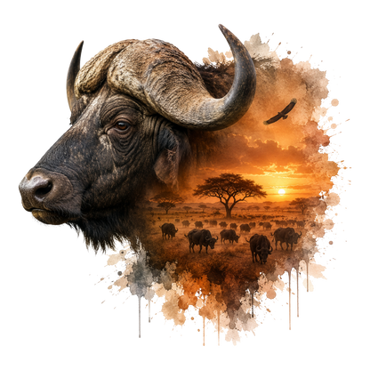A stylized watercolor and ink illustration of an African buffalo head in profile, blending into a savanna sunset scene with acacia trees, a herd of buffalo, and a bird, all on a white background.