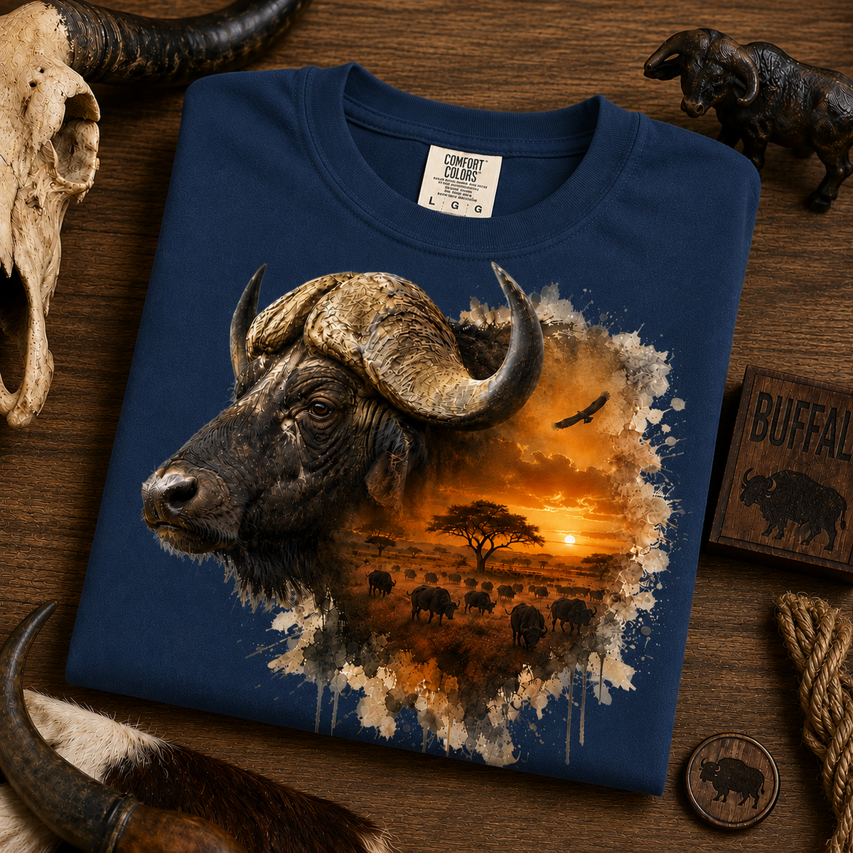 A midnight blue Comfort Colors t-shirt with a detailed graphic print of a buffalo head and a sunset savanna scene, styled on a rustic wooden background with animal bones and horns.
