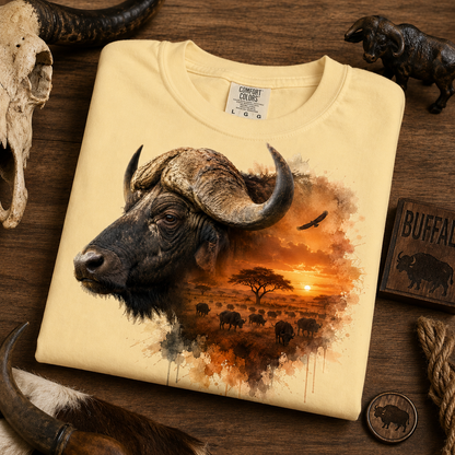A folded butter colored t-shirt with a detailed graphic print of a buffalo and a sunset savanna scene, displayed on a rustic wooden surface surrounded by animal skulls, horns, and a buffalo figurine.