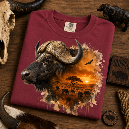 A folded chili colored t-shirt with a detailed graphic print of a buffalo head and a sunset savanna scene, styled on a rustic wooden surface with animal horns, rope, and a wooden stamp.