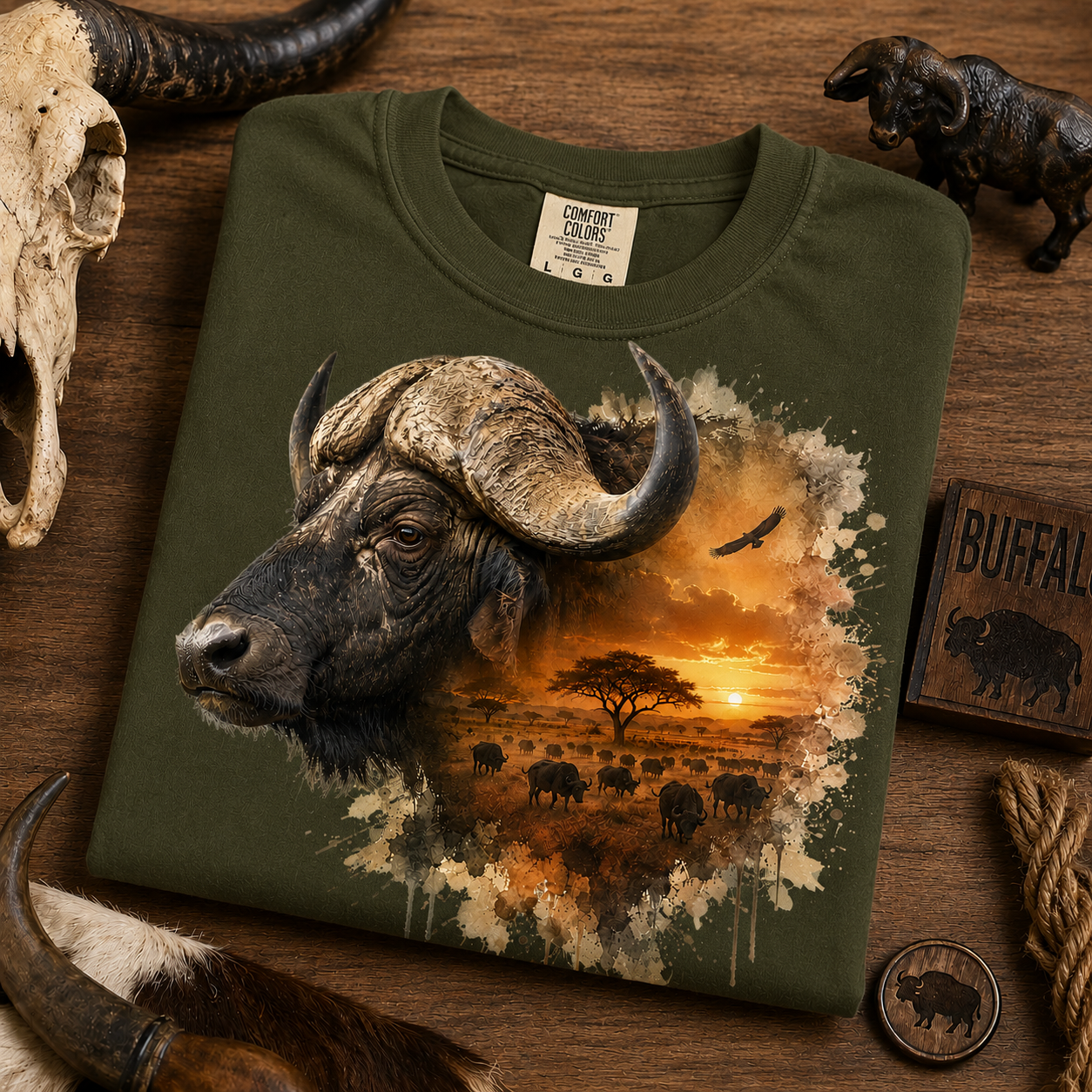 An sage green t-shirt with a detailed graphic print of a buffalo and a sunset savanna scene, styled in a rustic flat-lay on a wooden surface with buffalo-themed props.