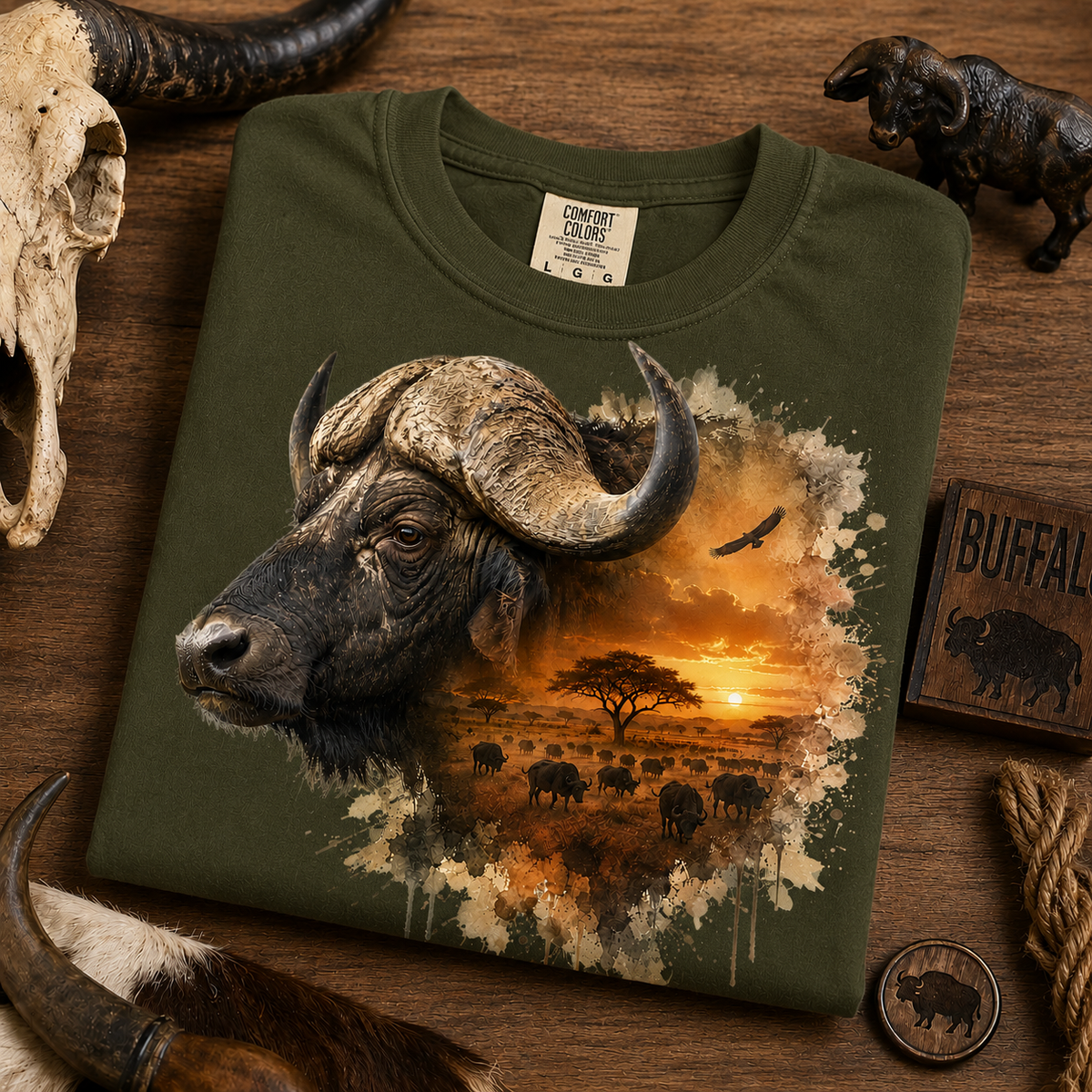 An sage green t-shirt with a detailed graphic print of a buffalo and a sunset savanna scene, styled in a rustic flat-lay on a wooden surface with buffalo-themed props.