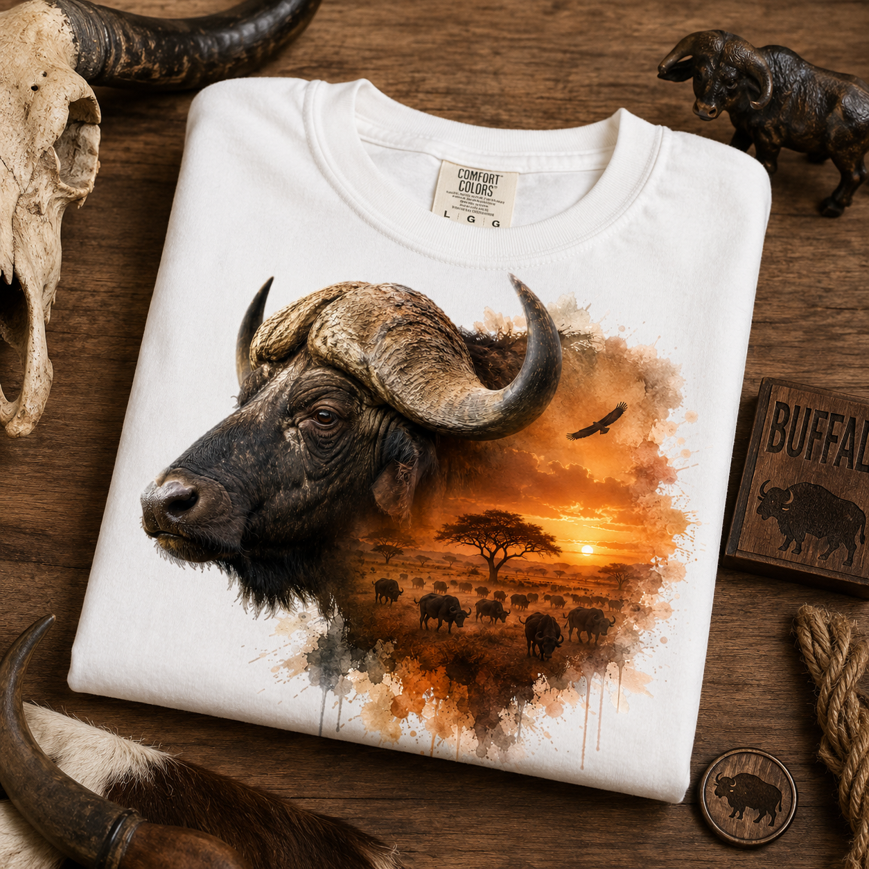 A folded white t-shirt with a detailed graphic print of a buffalo head and a sunset savanna scene, styled on a rustic wooden surface with animal bones, rope, and a wooden sign.