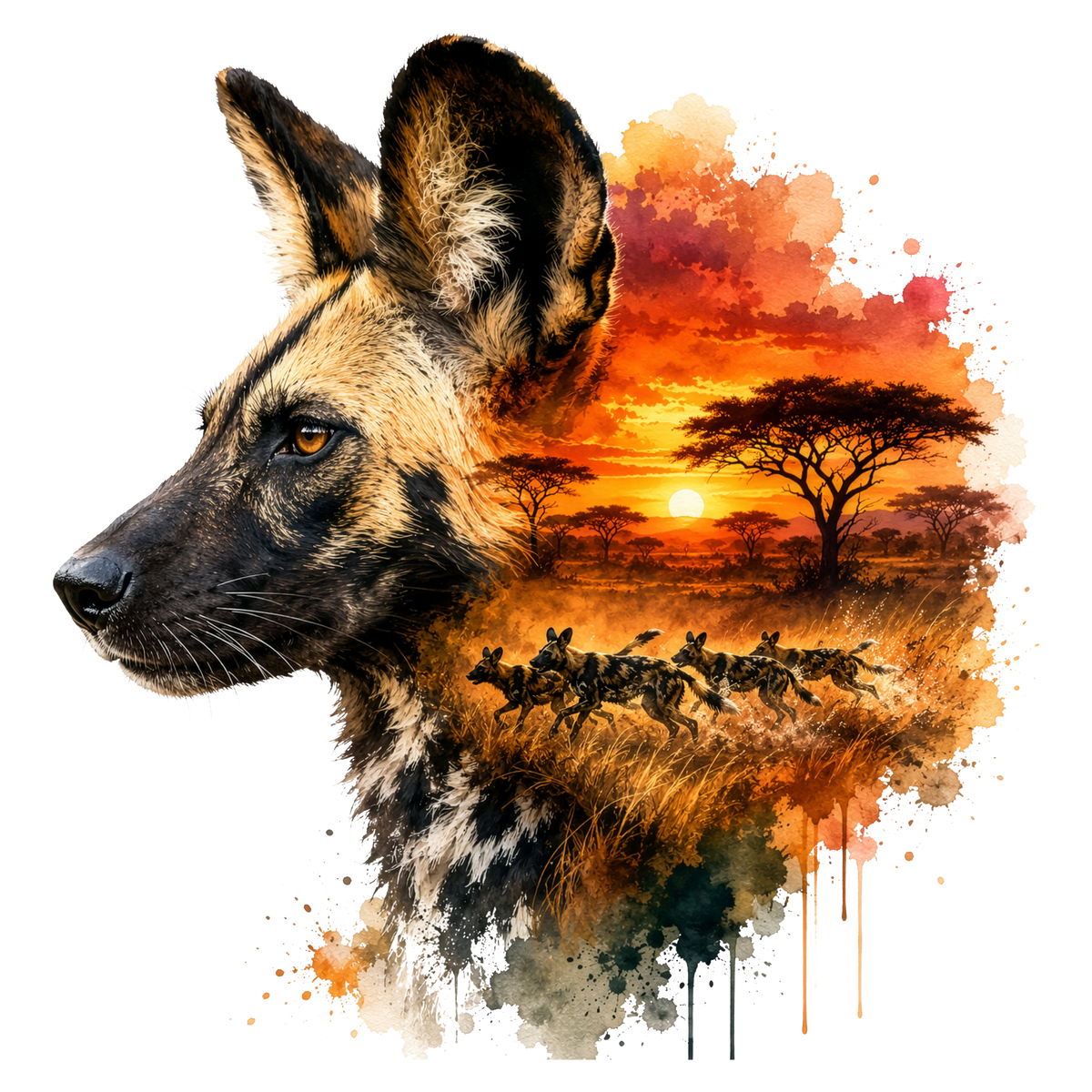 A stylized wild dog portrait in profile with an African savanna sunset scene composited into the dog's face and neck, including acacia trees, running game, and orange watercolor splashes on a white background.