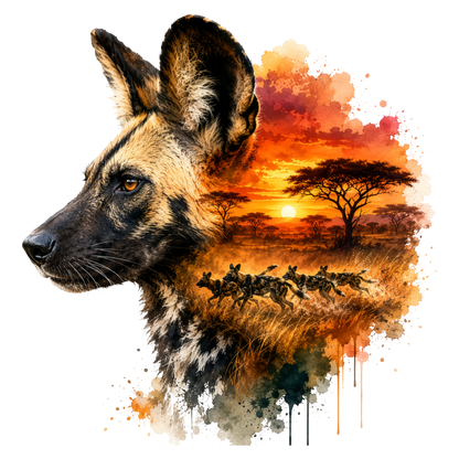 A stylized wild dog portrait in profile with an African savanna sunset scene composited into the dog's face and neck, including acacia trees, running game, and orange watercolor splashes on a white background.