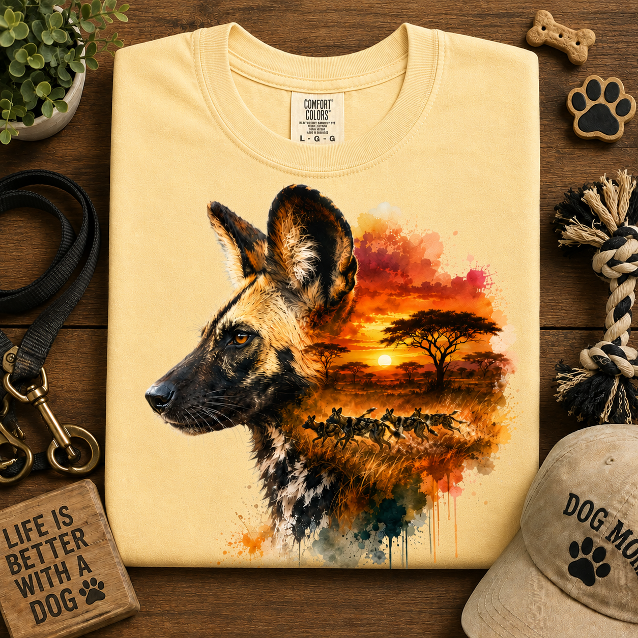 A folded butter colored t-shirt with a detailed graphic of an African wild dog in profile, blending into a sunset savanna scene with acacia trees and game. 