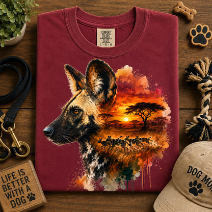 A folded chili colored t-shirt with a detailed graphic of an African wild dog in profile, set against a savanna sunset scene. 