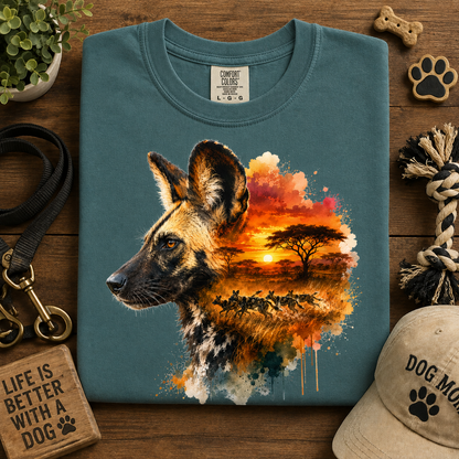 A folded emerald colored Comfort Colors dog t-shirt is displayed on a rustic wooden surface . The t-shirt features a detailed graphic of a wild dog's head in profile, with the background of the graphic depicting an African savanna sunset and herd scene.