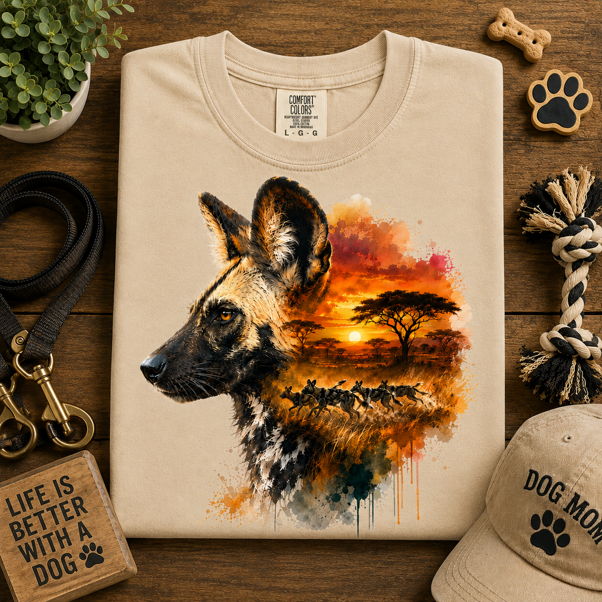 A folded sand stone colored T-shirt displayed on a wooden surface with dog-themed props. The shirt features a large watercolor-style graphic of a wild dog in profile, with an African savanna sunset scene inside the head shape.