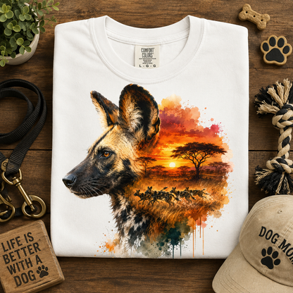 A white Comfort Colors t-shirt laid flat on a wooden surface, featuring a graphic print of an African wild dog's head with a sunset savanna landscape in the background. 
